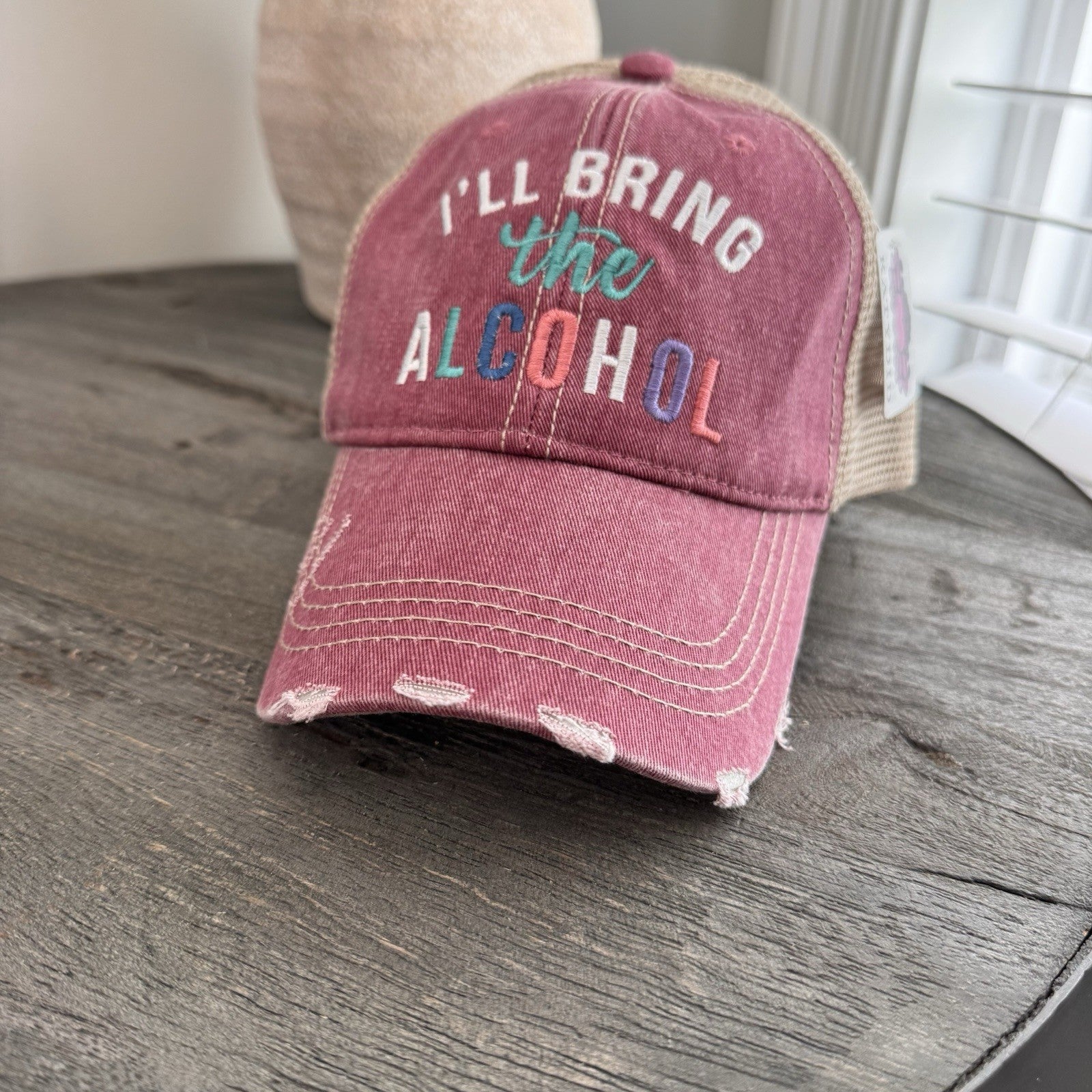 Katydid “I’ll Bring The Alcohol” Distressed Trucker Hat NWT Pink Boutique Cute
