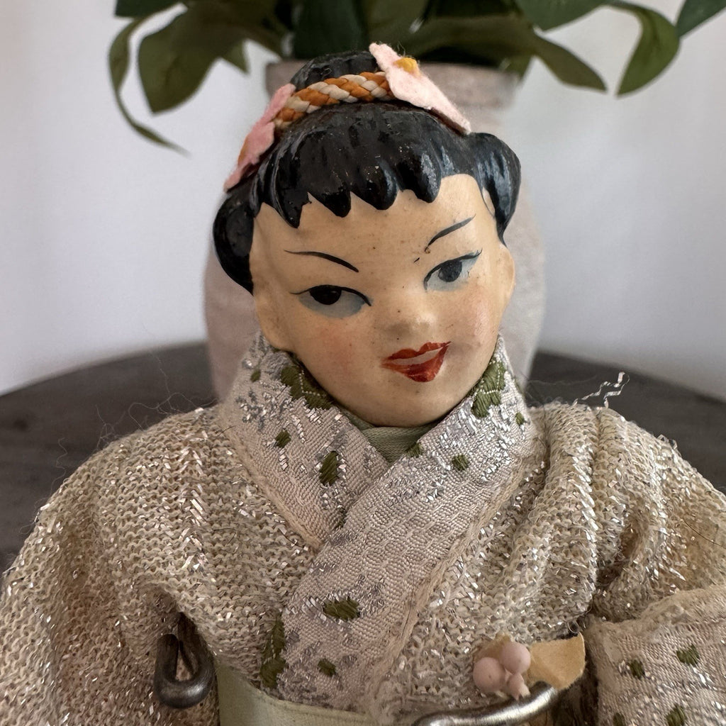 Mid Century Japanese Kimono Doll Hand Painted Face Traditional Dress Souvenir