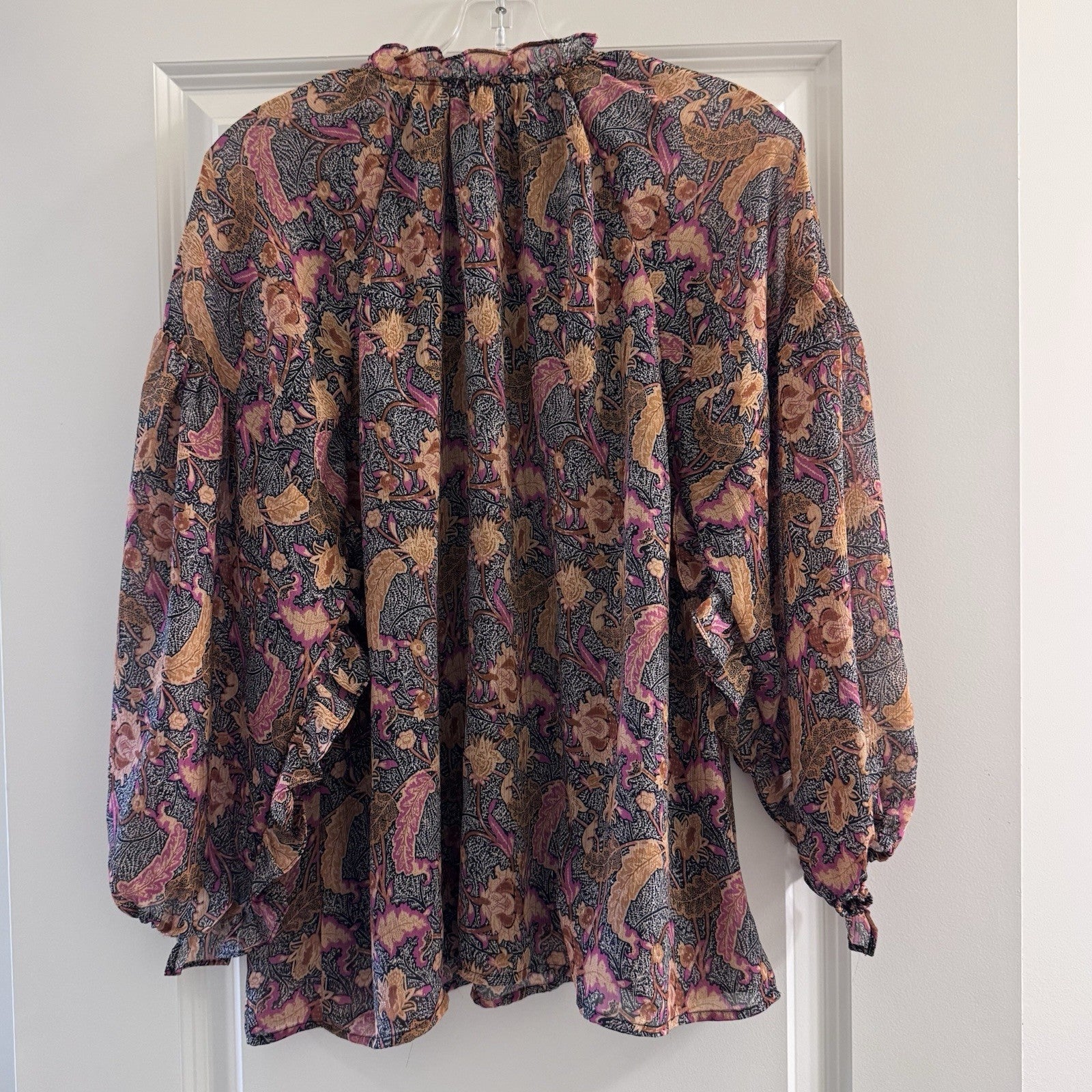Entro Floral Ruffle Blouse Large Boho Sheer Long Sleeve Top Lined