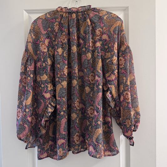 Entro Floral Ruffle Blouse Large Boho Sheer Long Sleeve Top Lined
