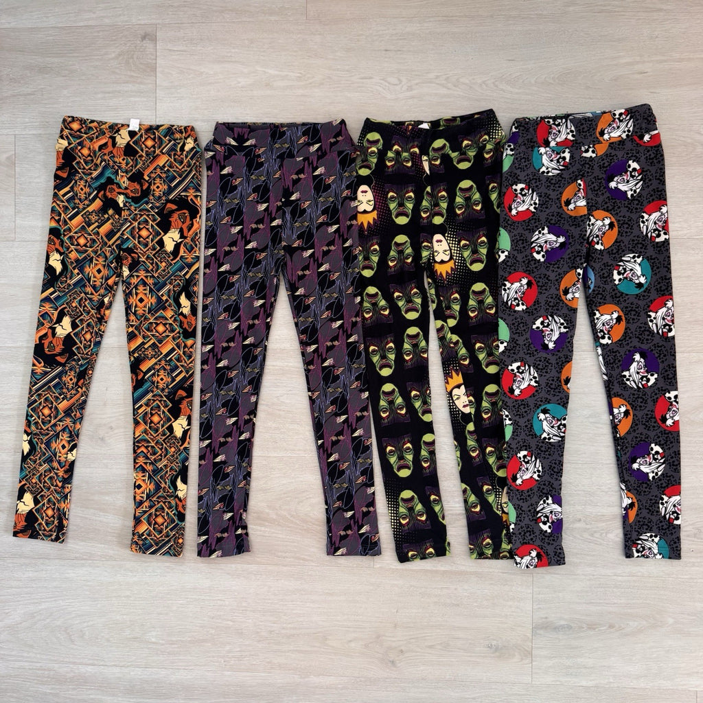 LuLaRoe Disney Villains Leggings Lot 4 L/XL Cruella Scar Evil Queen Maleficent