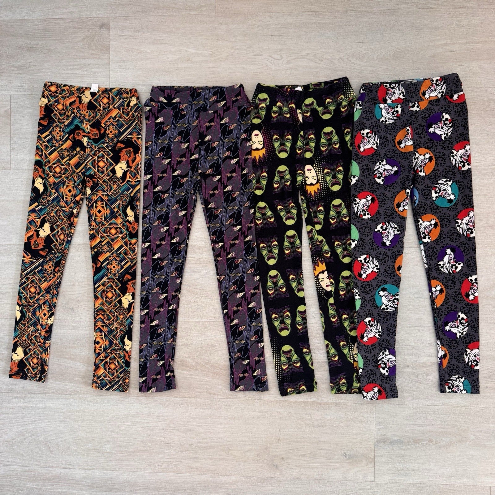 LuLaRoe Disney Villains Leggings Lot 4 L/XL Cruella Scar Evil Queen Maleficent