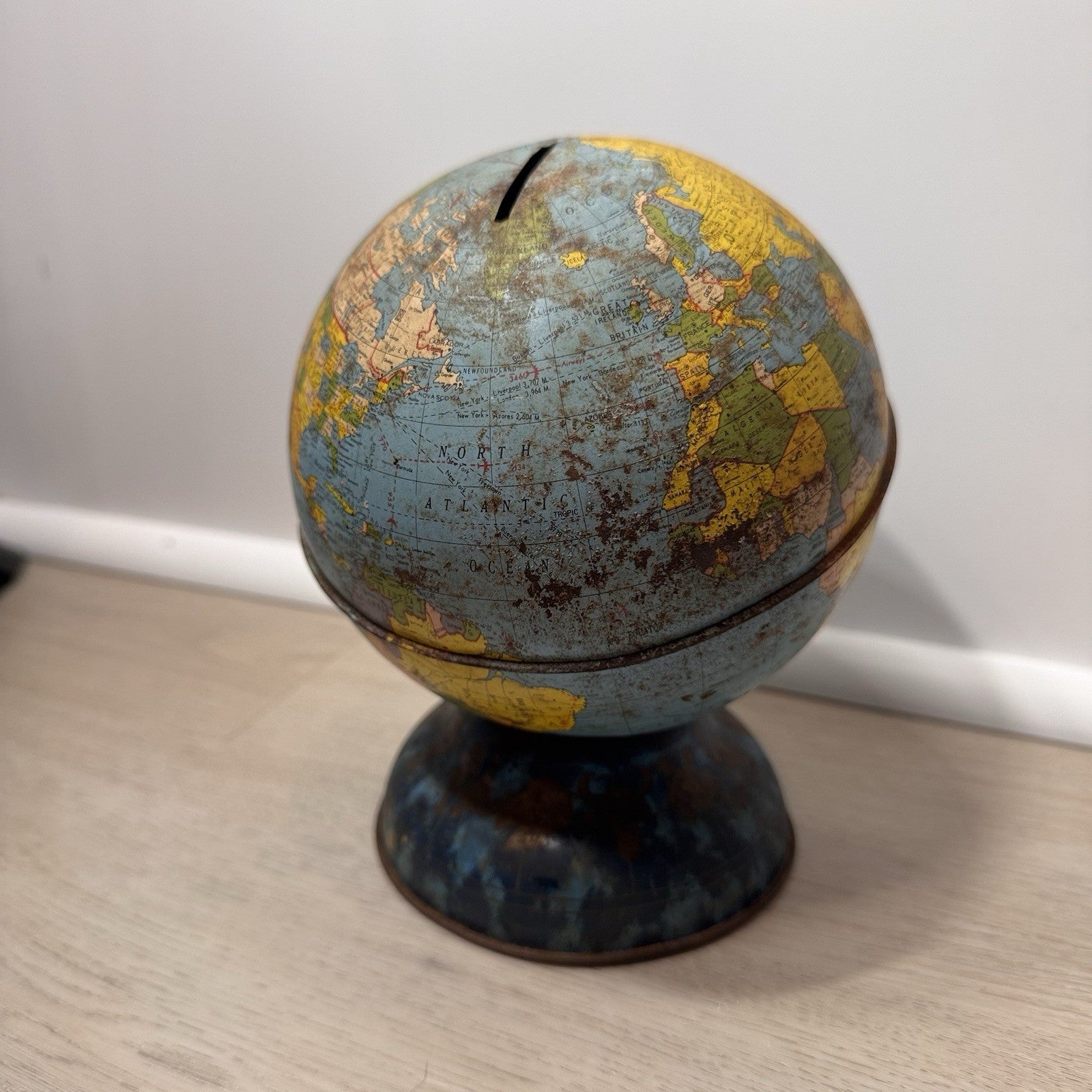 Vintage J Chein Tin Litho World Globe Bank Mid Century Industrial Decor Patina