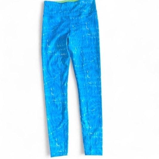 Lands' End Blue Water Print Leggings Size S Tall | Neon Yellow Lining