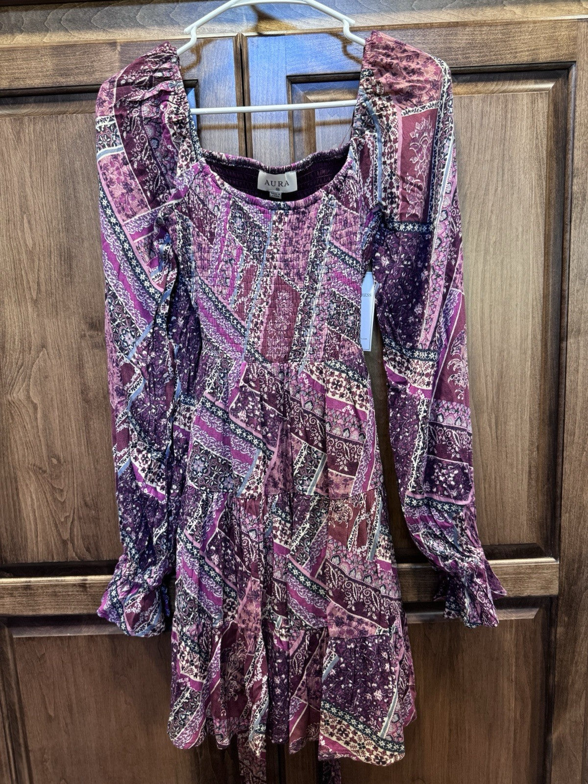Aura by Red Dress Boho Patchwork Smocked Mini Dress Size Small Long Sleeve NWT