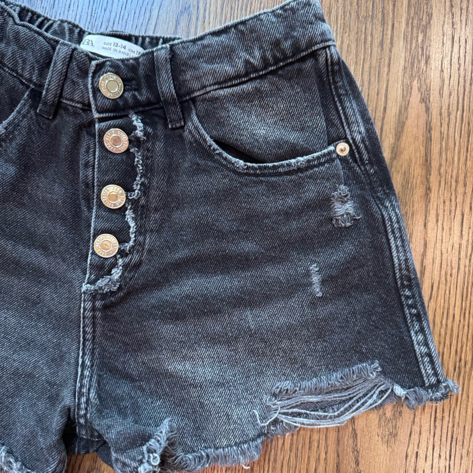 ZARA Kids Black Distressed Denim Shorts 13-14 Years Button Fly Frayed Hem