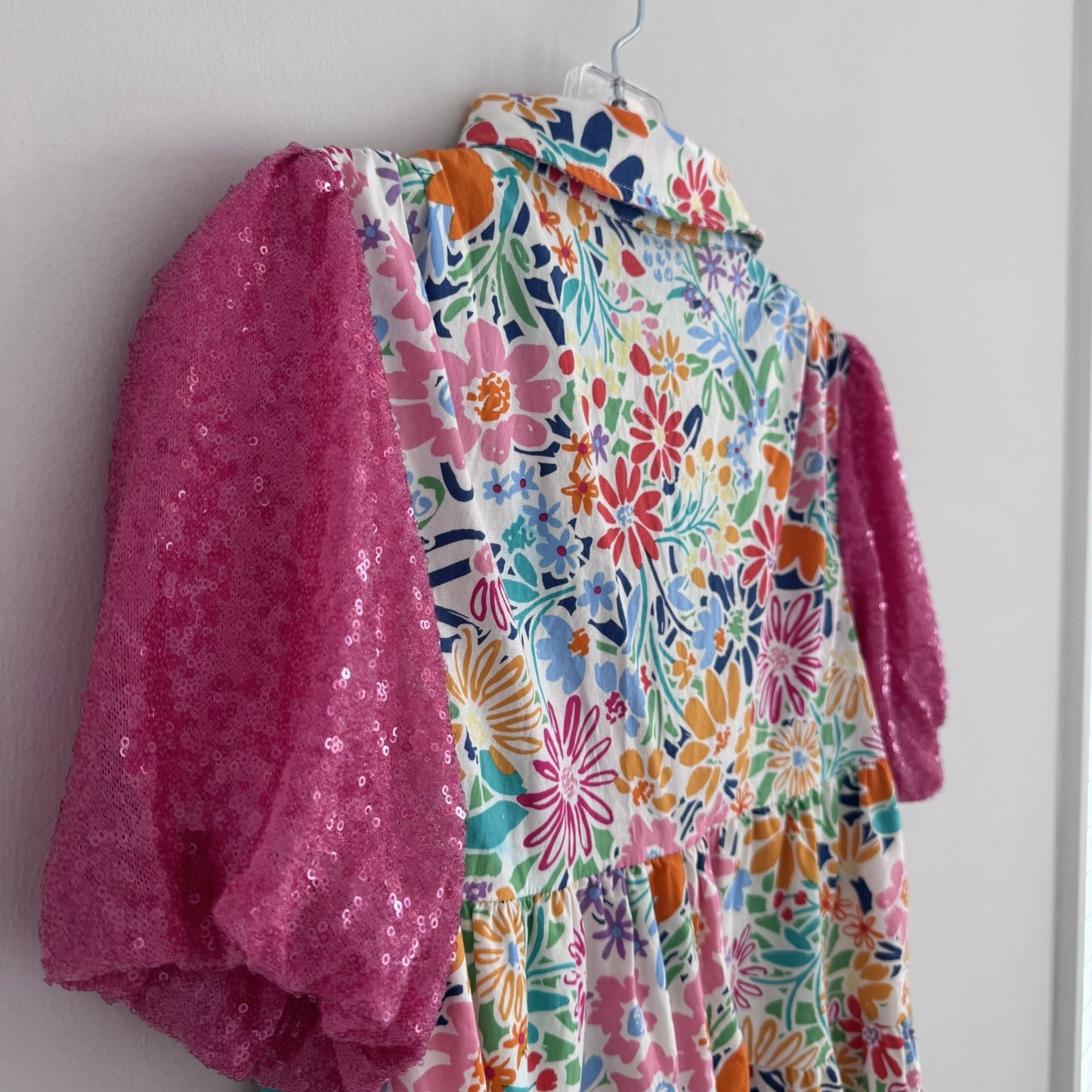 Blue B Collection Small Floral Tiered Dress Pink Sequin Sleeves 