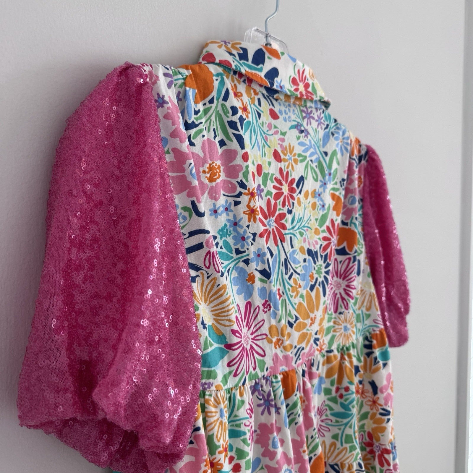 Blue B Collection Small Floral Tiered Dress Pink Sequin Sleeves 