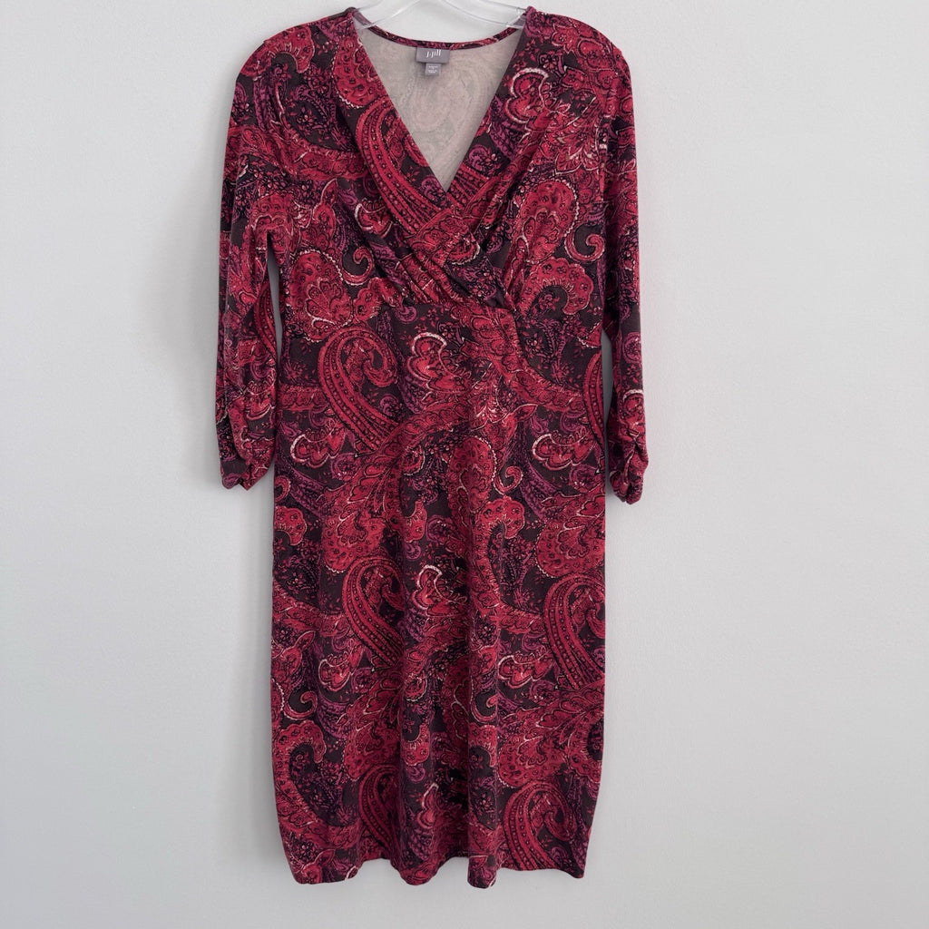 J Jill Sz Small Red Paisley Faux Wrap Vneck 3/4 Sleeve Pima Cotton Dress Stretch