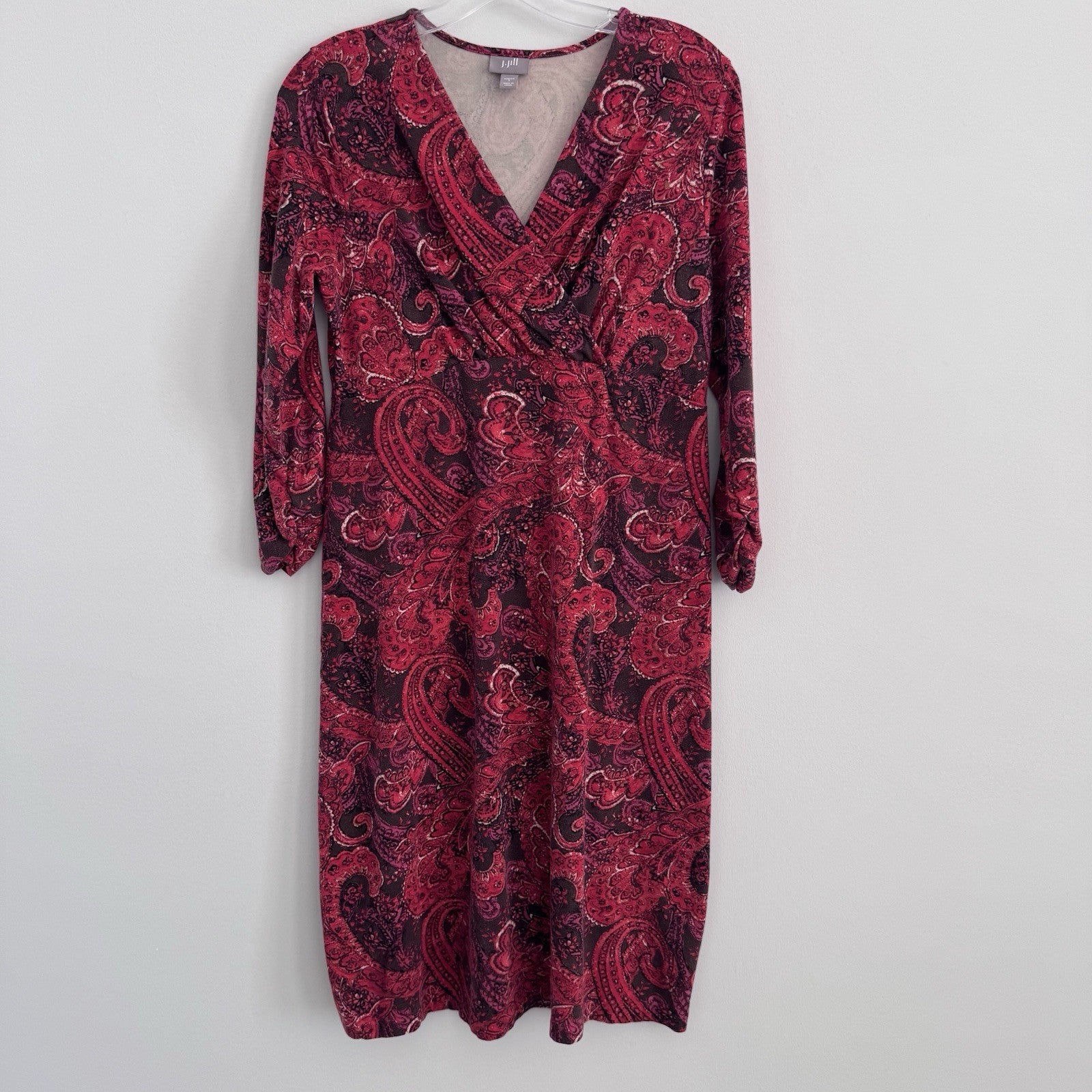 J Jill Sz Small Red Paisley Faux Wrap Vneck 3/4 Sleeve Pima Cotton Dress Stretch
