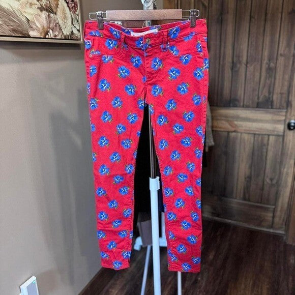 Abercrombie & Fitch Womens Floral Skinny Jeans Size 8 Red With Blue Flowers