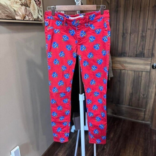 Abercrombie & Fitch Womens Floral Skinny Jeans Size 8 Red With Blue Flowers