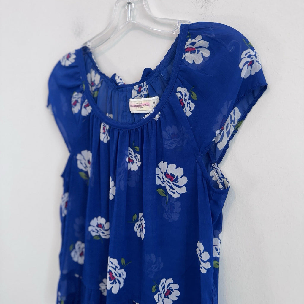 Abercrombie & Fitch Blue Floral Sheer Ruffle Blouse Top Medium Boho