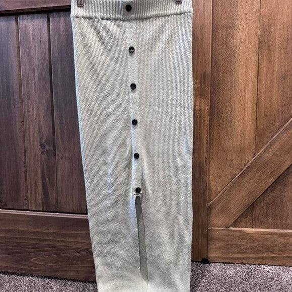 Missguided Ribbed Button-Down Midi Skirt | Sage Green | Size M / US 4