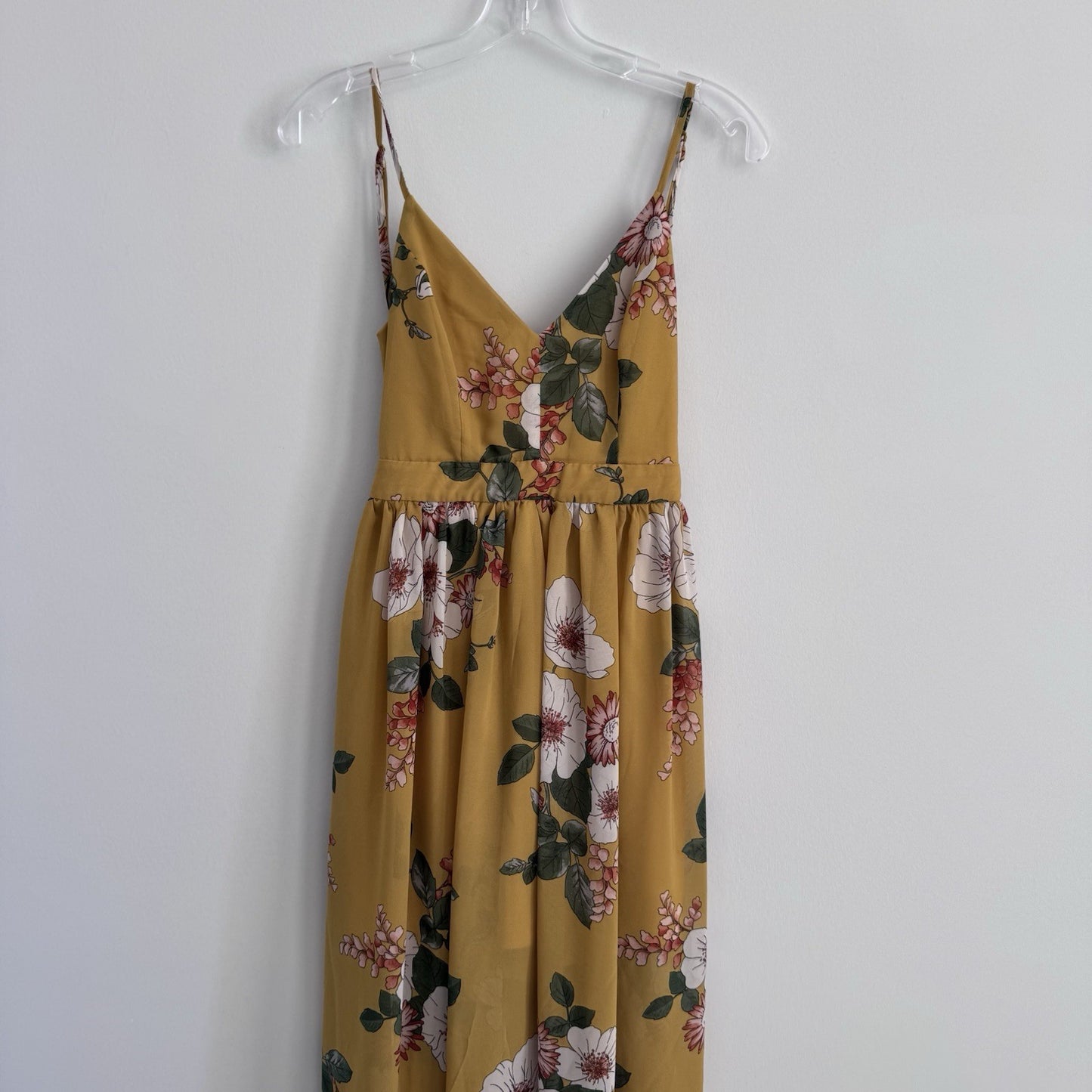 Love Tree Mustard Floral Maxi Dress Women M Boho V Neck Spaghetti Strap