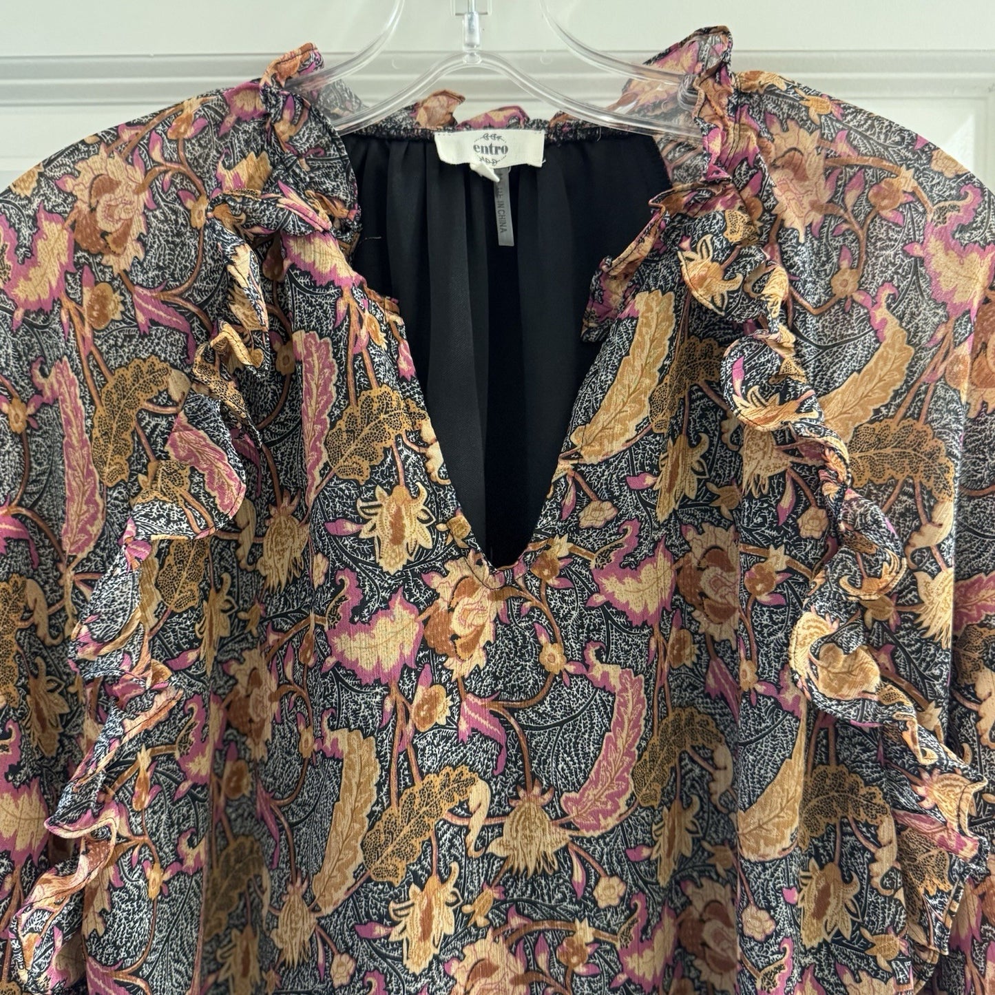 Entro Floral Ruffle Blouse Large Boho Sheer Long Sleeve Top Lined