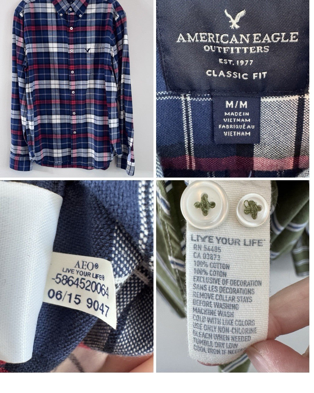 American Eagle Men’s Medium Shirt Lot 7 Plaid Button Up Vintage Fit Classic