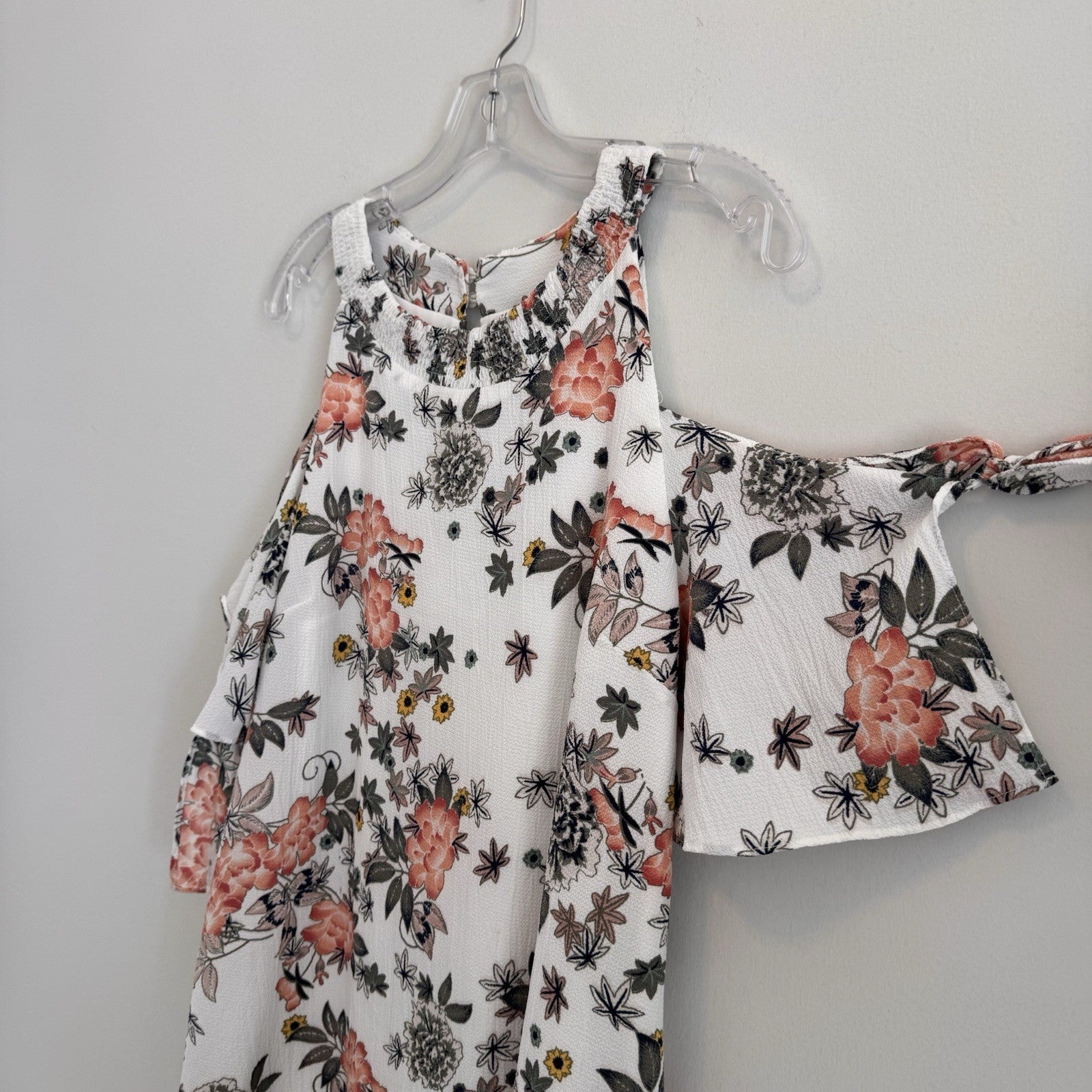 Entro Floral Cold Shoulder Mini Dress Medium White Pink Boho Ruffle Women’s