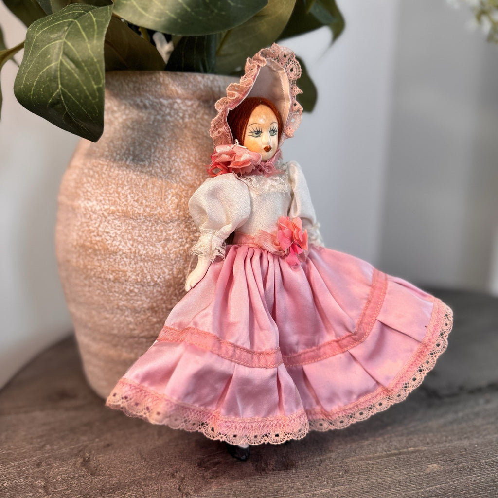 Vintage Bisque Porcelain Doll 8" Southern Belle Pink Satin Lace Dress Bonnet