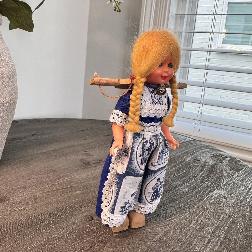 Vintage Dutch Girl Doll 7" Blonde Braids Wooden Clogs Windmill Dress Yoke