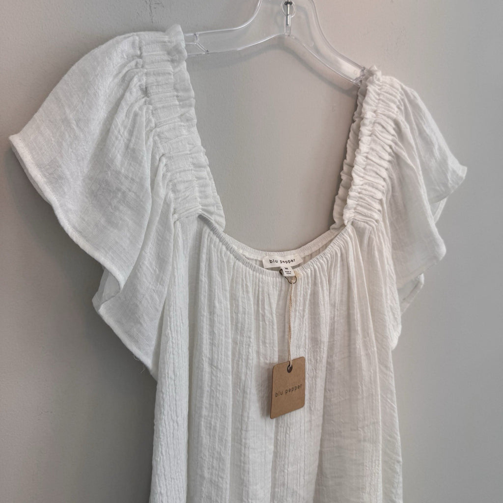 Blu Pepper Women’s Medium White Gauze Flutter Sleeve Square Neck Blouse NEW