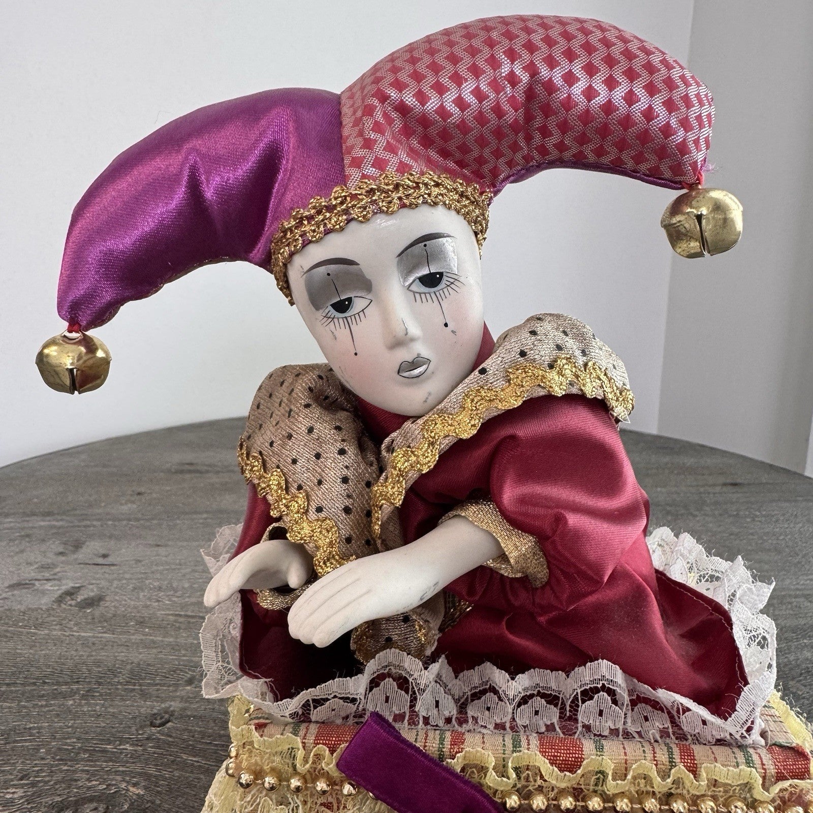 Set of 2 Vintage Porcelain Jester Dolls 16" & 8" Harlequin Musical Jack in Box