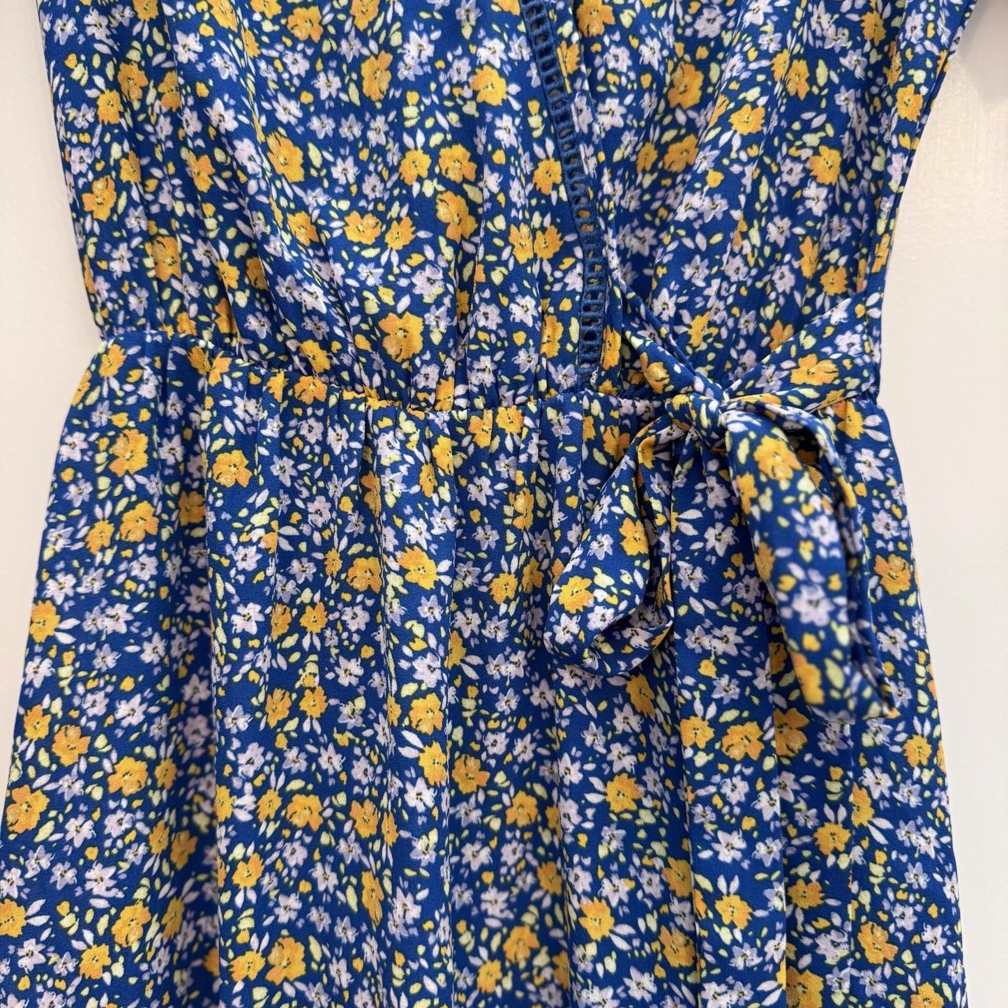 Sienna Sky XS Blue Yellow Floral Wrap Dress Short Sleeve Fit & Flare Lined
