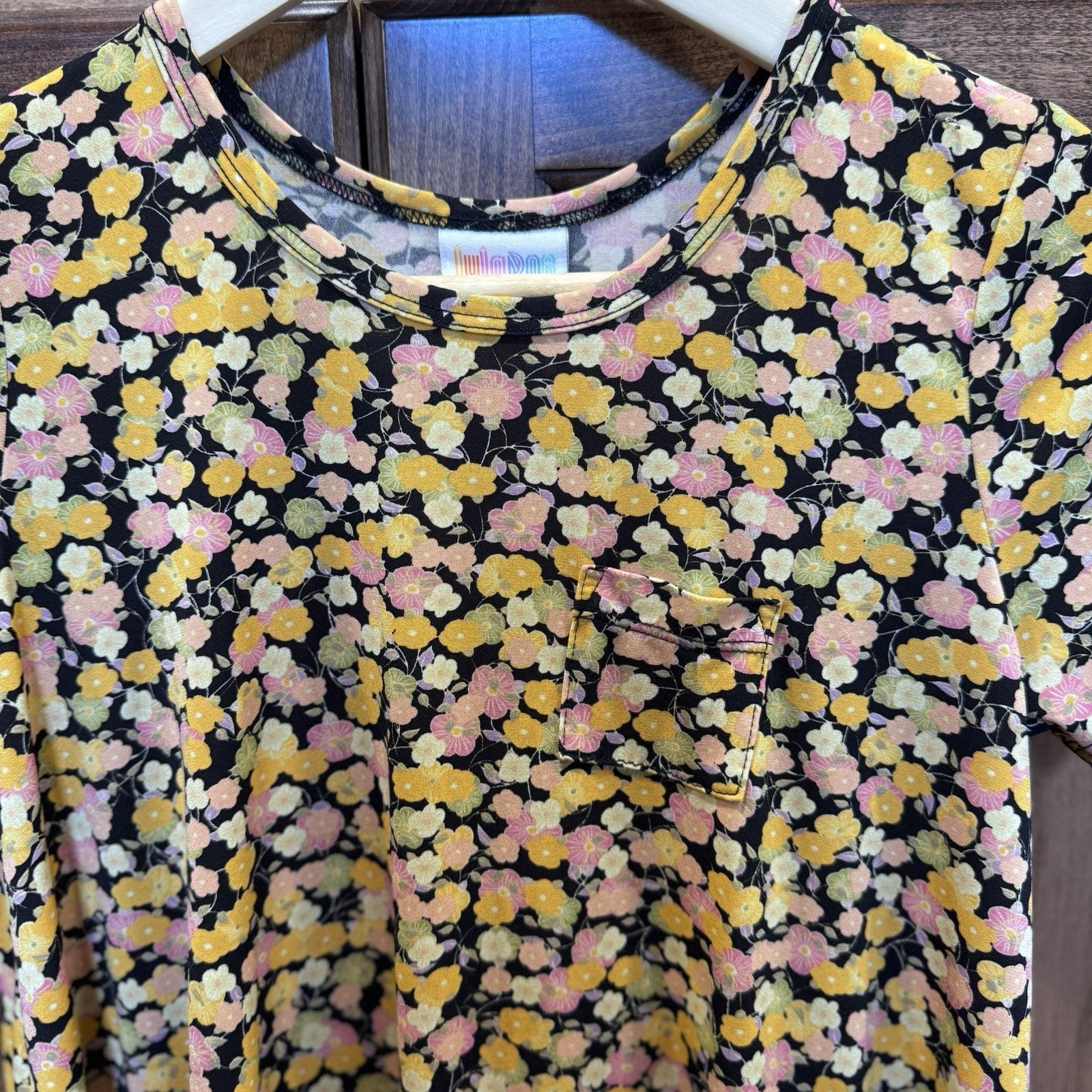 LuLaRoe Girls Floral Swing Dress Size 12 Yellow Pink Black Short Sleeve A-Line