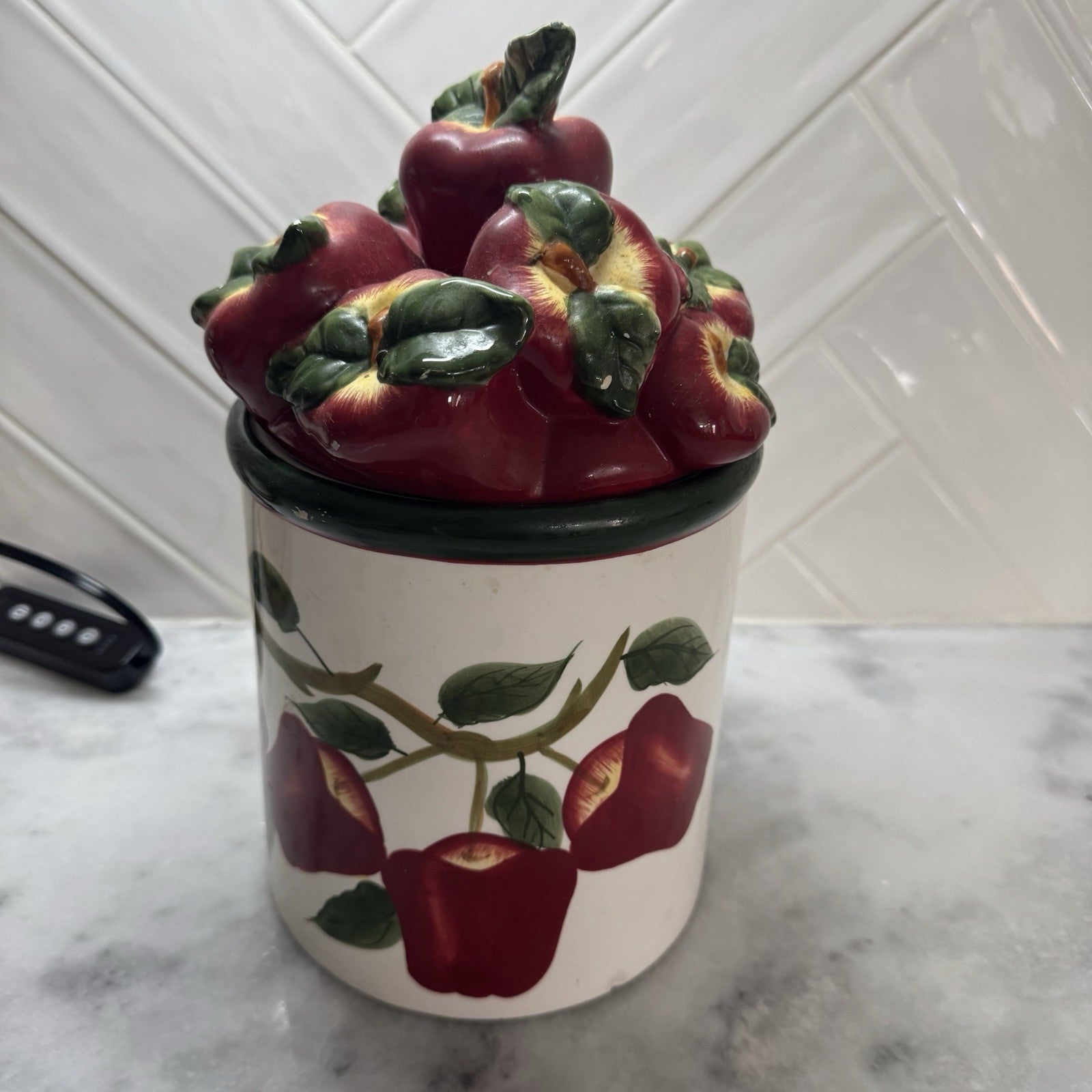 Vintage Apple Cookie Jar Ceramic Kitchen Canister Red Apples Fruit Decor