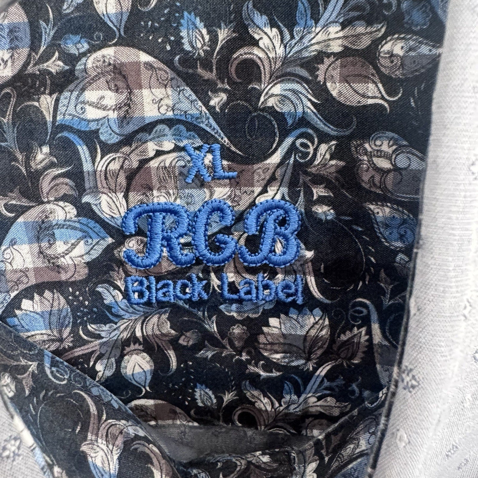 RGB Black Label Mens XL Blue Micro Dot Shirt Floral Trim Cotton