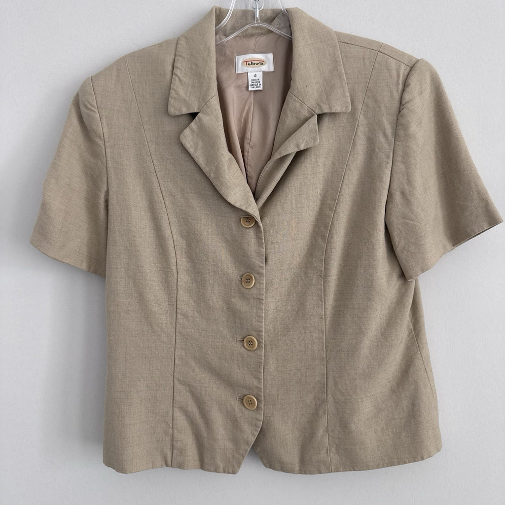 Talbots Linen Blazer Jacket Sz 12 Tan Short Sleeve 4 Button Career