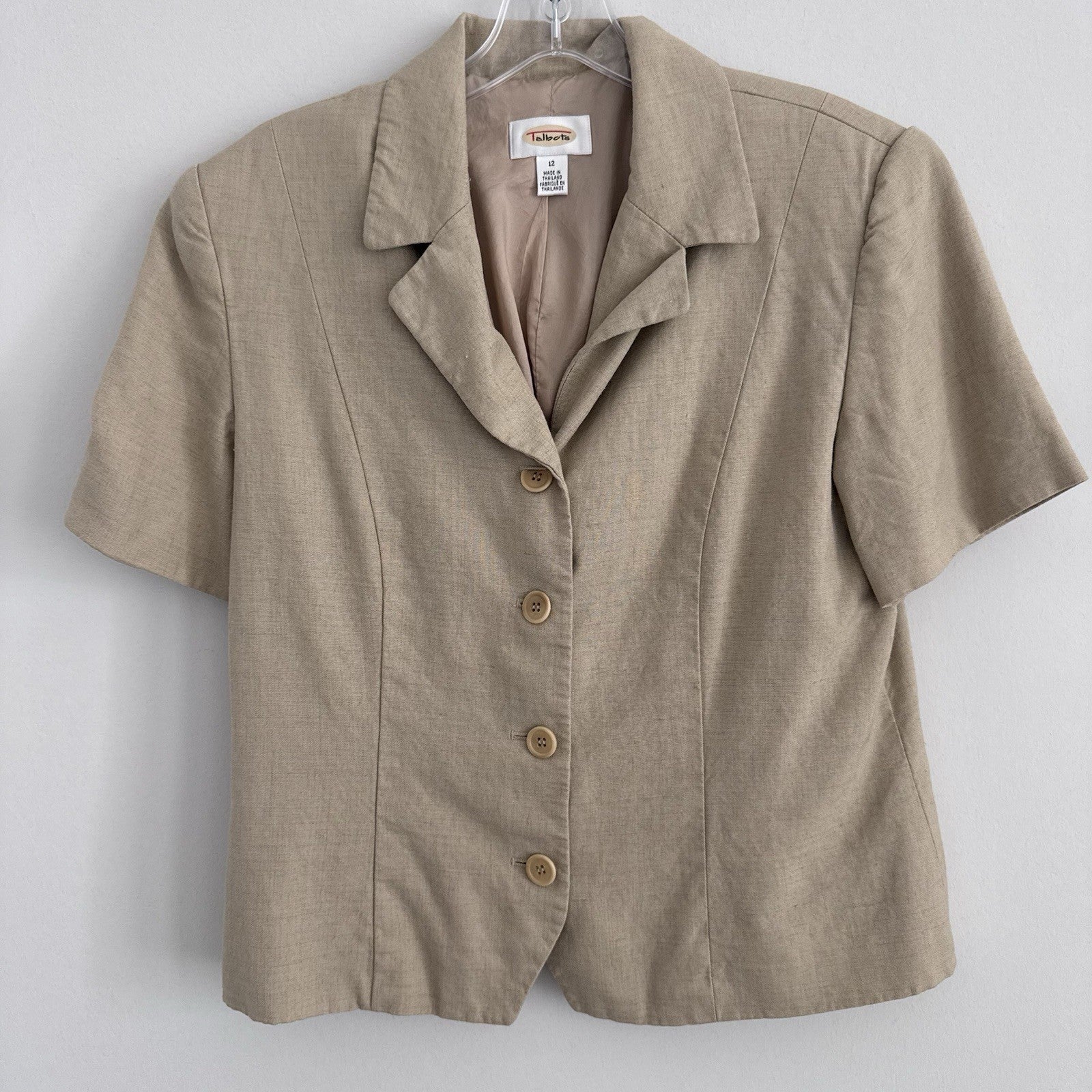 Talbots Linen Blazer Jacket Sz 12 Tan Short Sleeve 4 Button Career