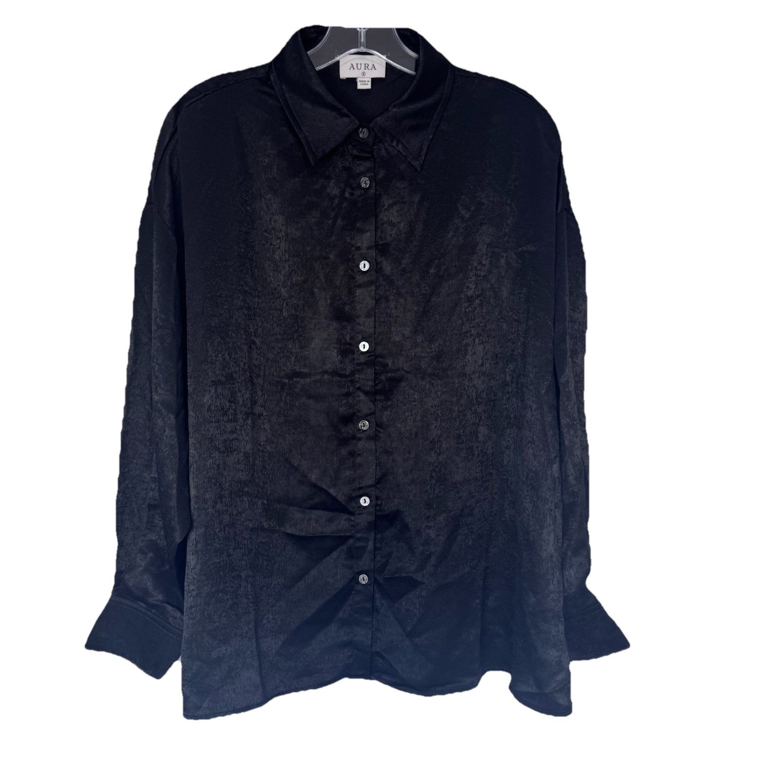 NWT Aura by Red Dress Boutique Black Satin Button Front Blouse Size S