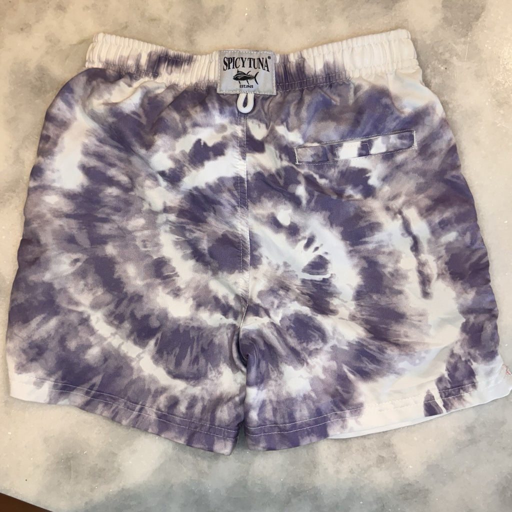 Spicy Tuna Boys Size 12 Swim Trunks Board Shorts Purple White Tie Dye Mesh Lined