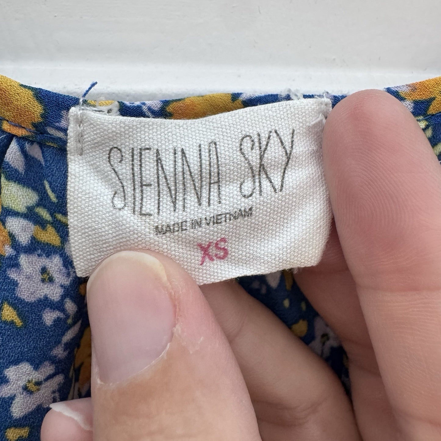 Sienna Sky XS Blue Yellow Floral Wrap Dress Short Sleeve Fit & Flare Lined