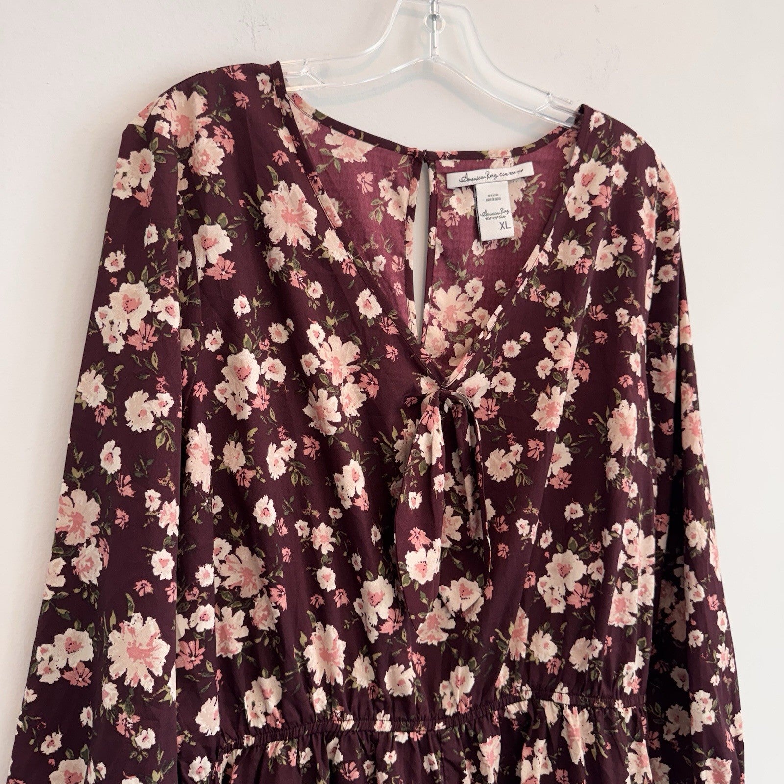 American Rag Cie Romper XL Burgundy Rose Floral Ruffle Hem Tie Front Pockets