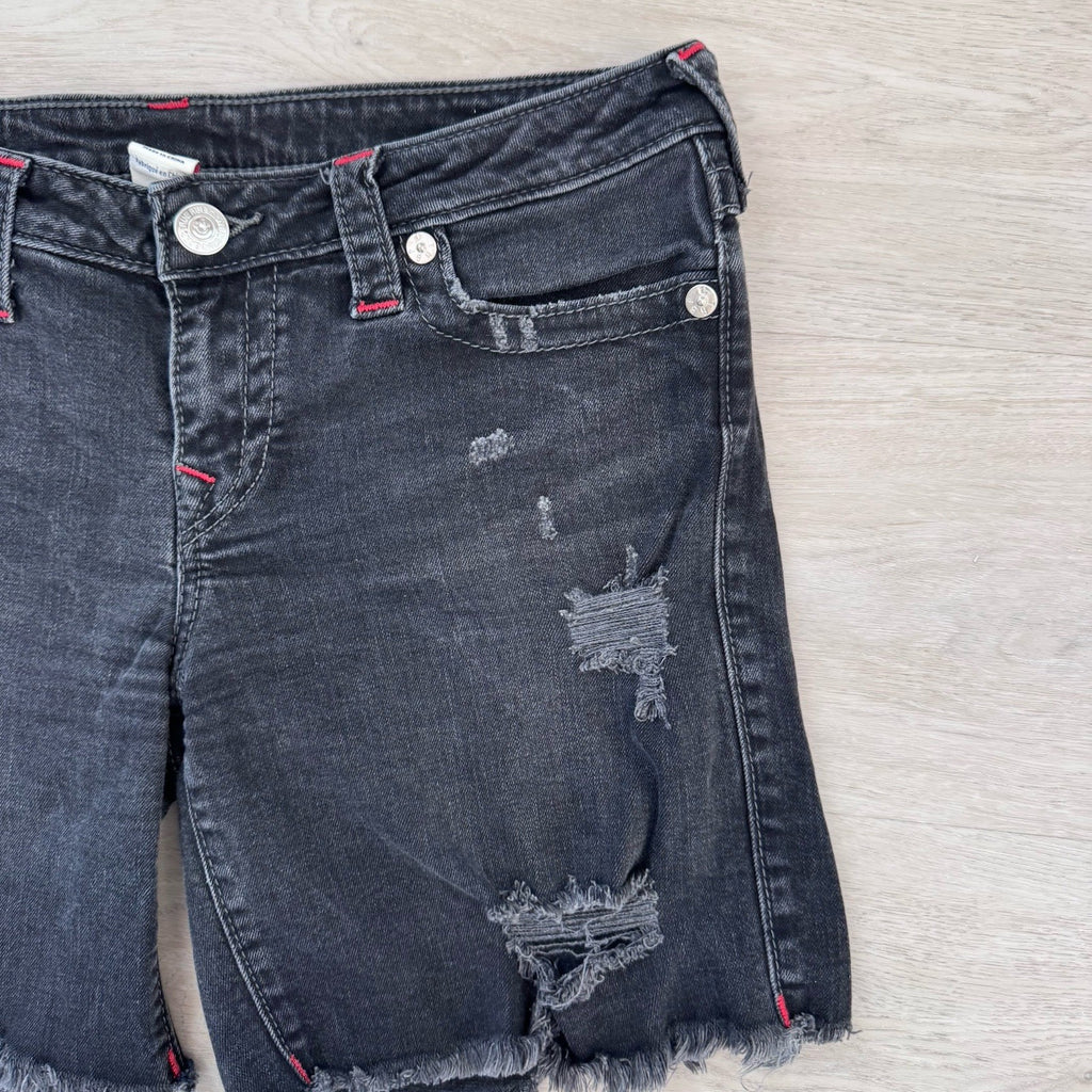 True Religion Y2K Cut Off Shorts 30 Black Red Stitch Flap Women’s
