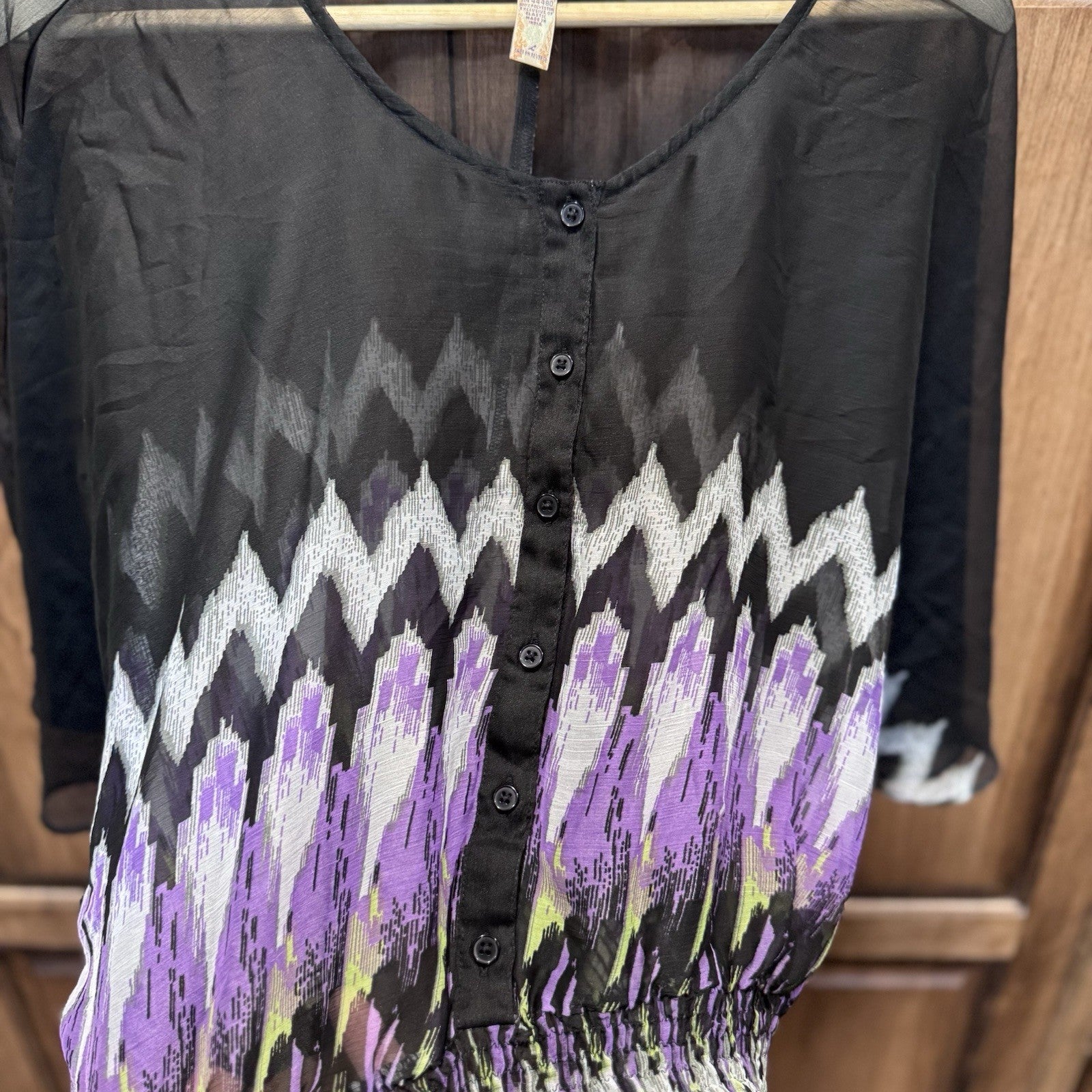 American Rag Cie Boho Peasant Blouse Black Purple Zigzag Smocked Hem Size Large