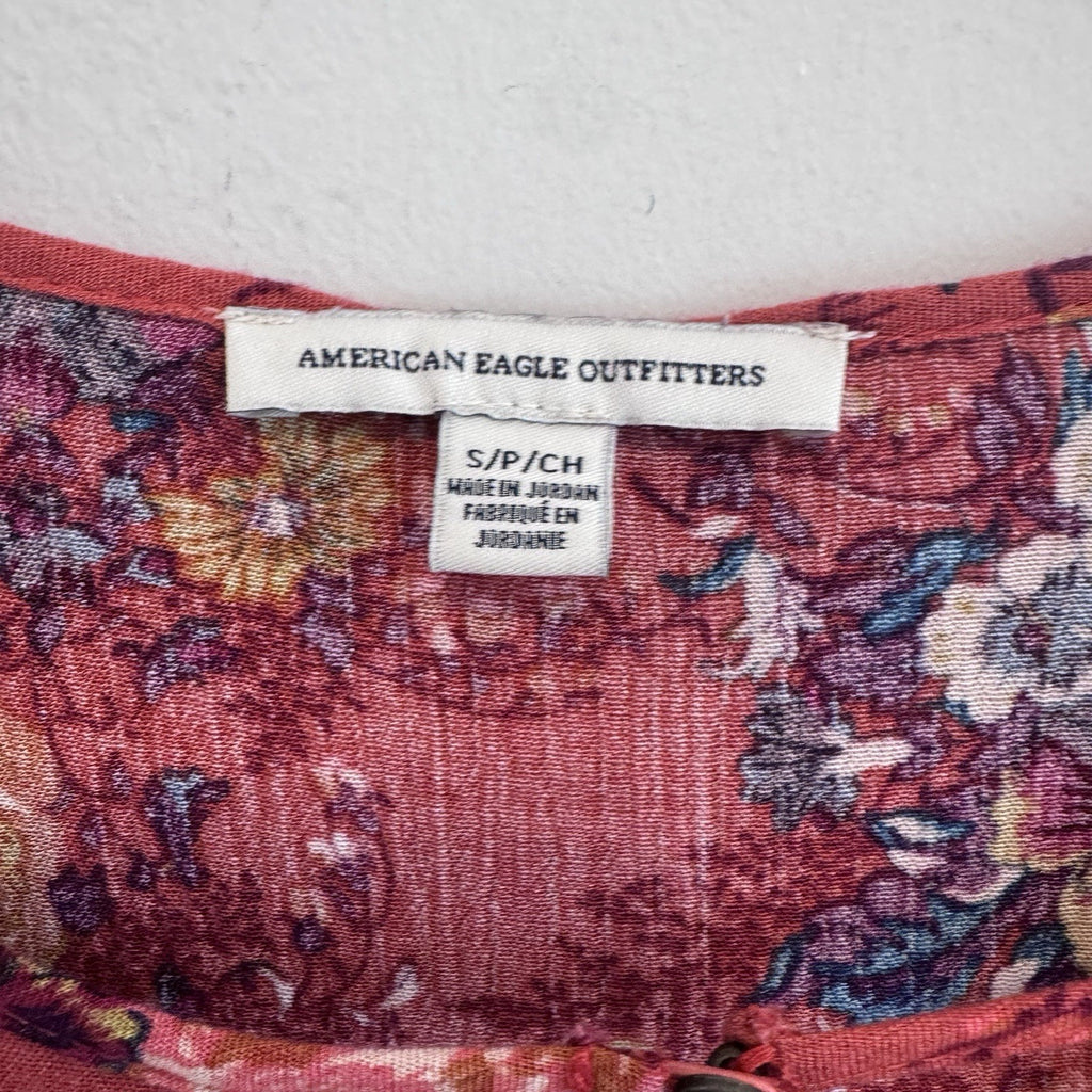 American Eagle Floral Boho Peasant Top Small Coral Pink Keyhole Long Sleeve