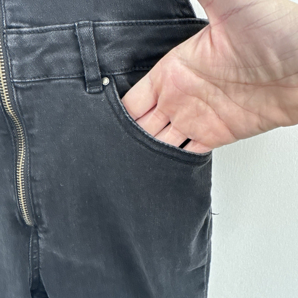 ZARA Trafaluc Black Denim Overalls XS Zip Front Raw Hem Cropped