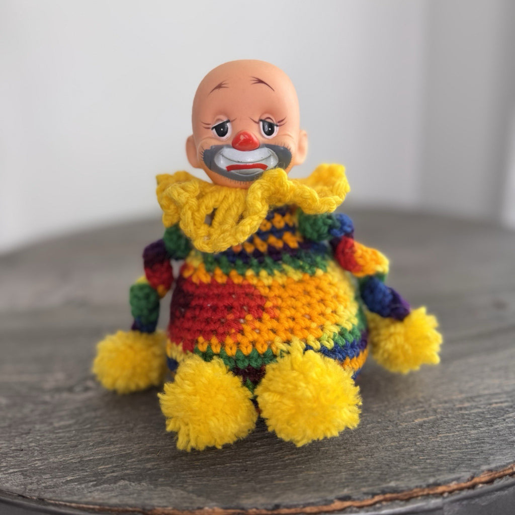 Vintage Sad Clown Crochet Pom Pom Doll Rainbow 6" Mid Century Handmade Folk Art