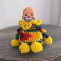 Vintage Sad Clown Crochet Pom Pom Doll Rainbow 6" Mid Century Handmade Folk Art
