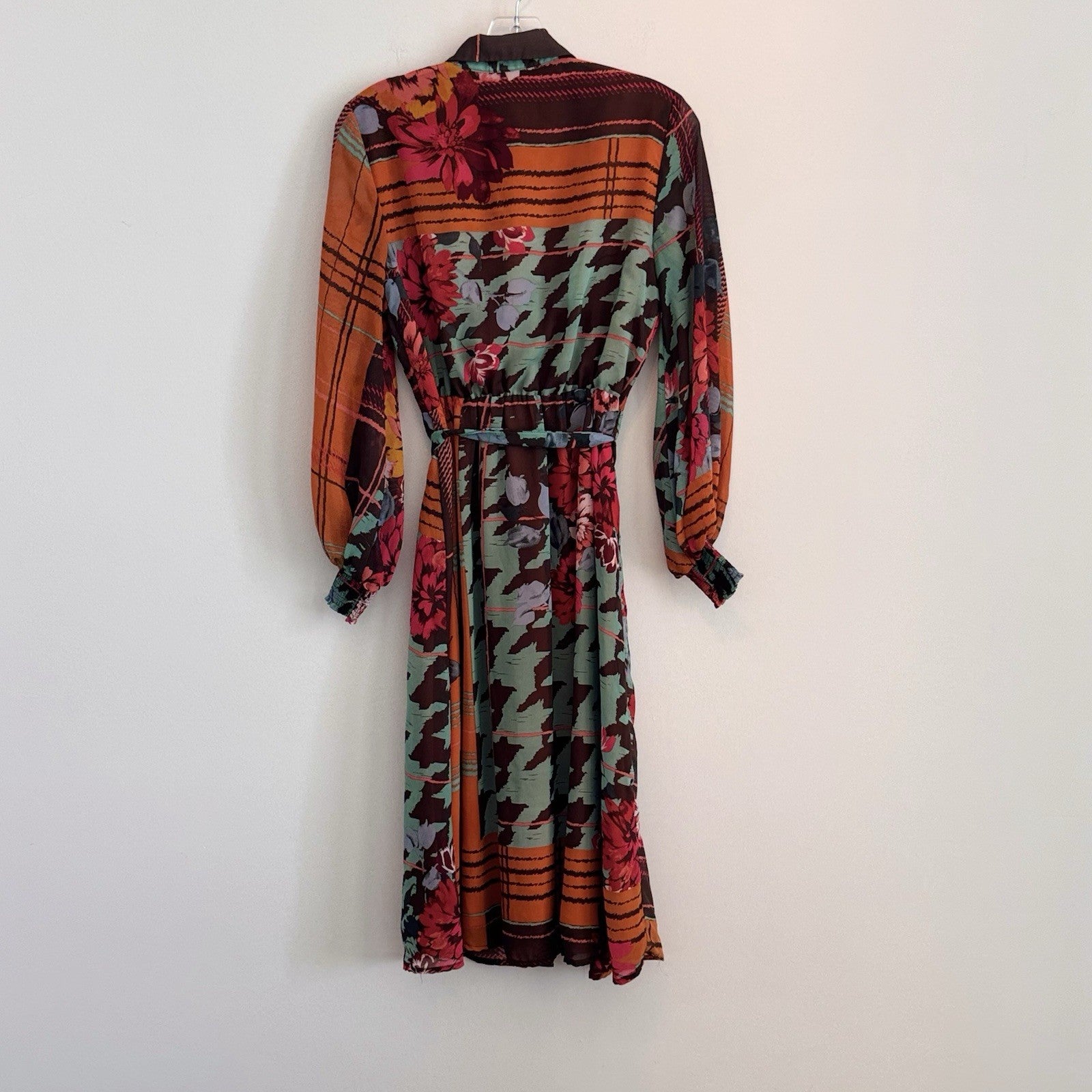 New York & Co XS Long Sleeve Midi Shirtdress Mixed Pattern Floral Plaid Belted
