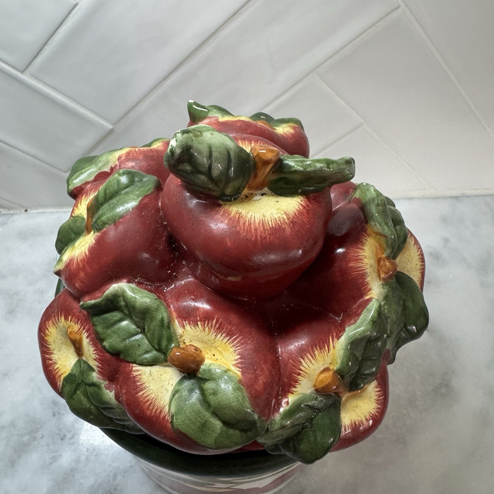 Vintage Apple Cookie Jar Ceramic Kitchen Canister Red Apples Fruit Decor