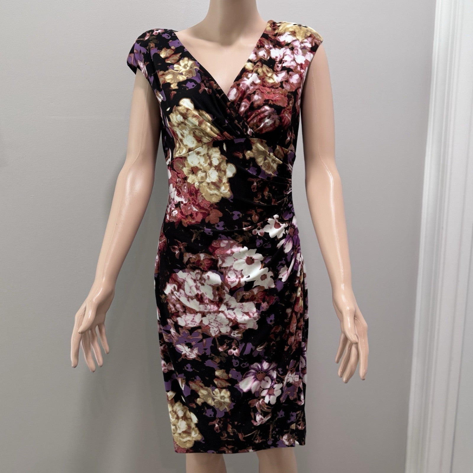 Lauren Ralph Lauren Floral Sheath Dress Size 4 RN41381 Black Pink Purple