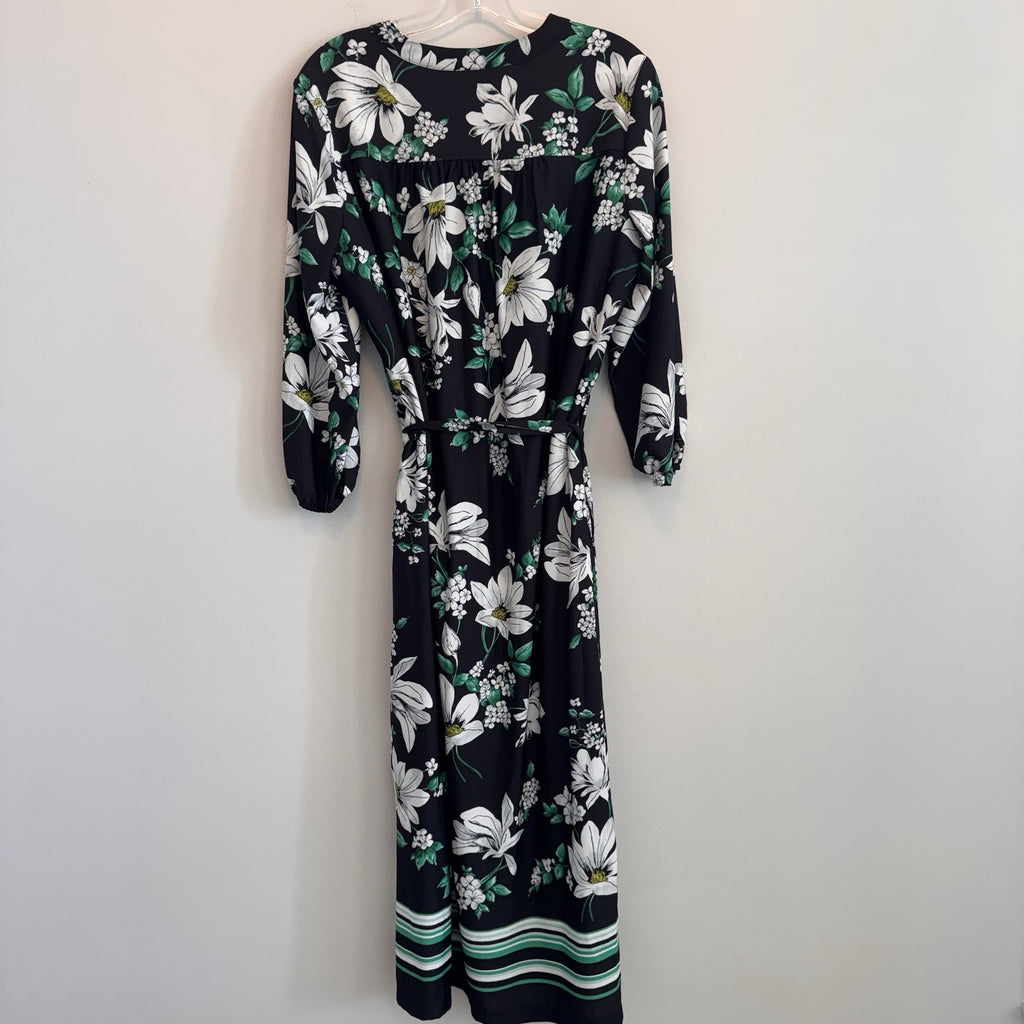 Jones New York NWT Medium Floral V-Neck Midi Dress Black Kelly Green Pockets