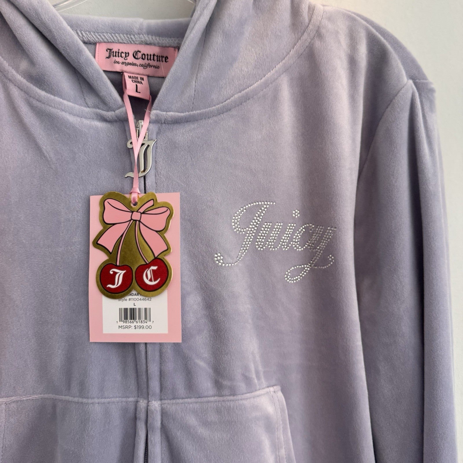 NWT Juicy Couture Velour Tracksuit Set Lavender Haze L Y2K OG Bling Rhinestone