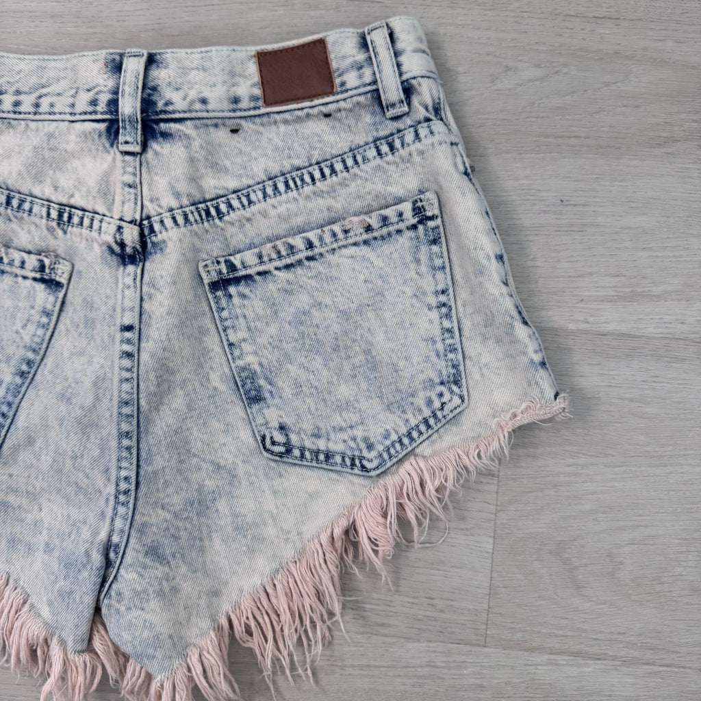 BDG Urban Outfitters High Rise Cheeky Pink Fringe Denim Shorts Acid Wash 25 Y2K