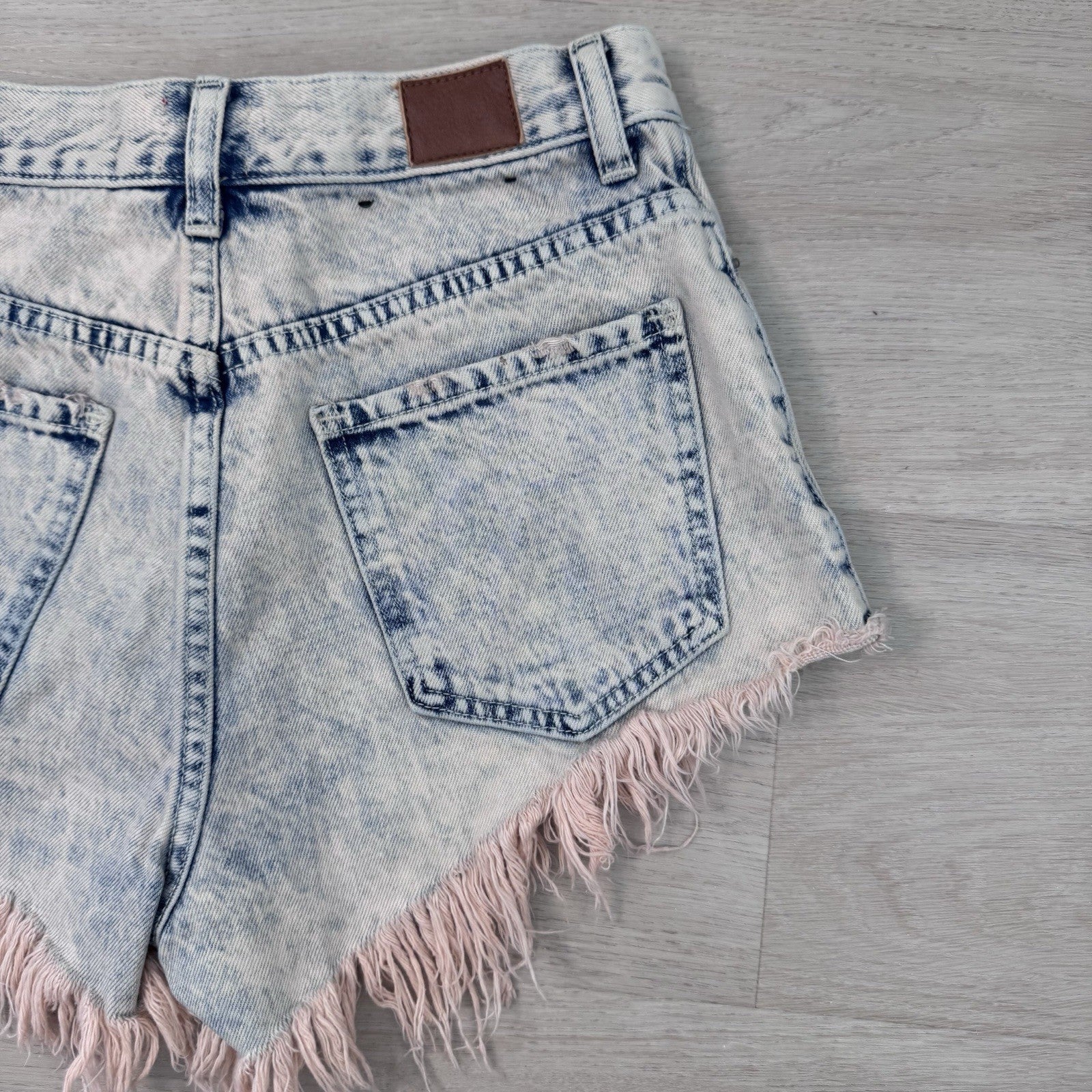 BDG Urban Outfitters High Rise Cheeky Pink Fringe Denim Shorts Acid Wash 25 Y2K