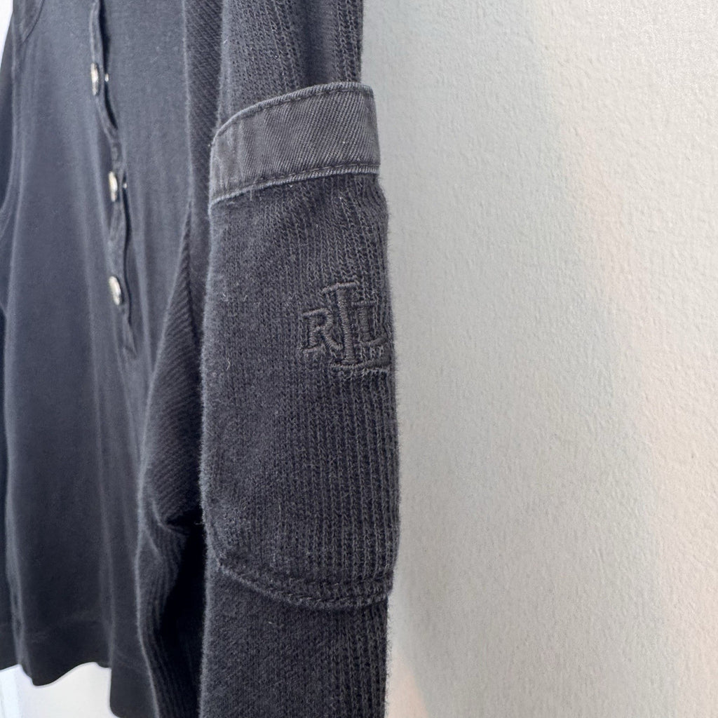 Lauren Ralph Lauren Ribbed Henley Sweater L Black RLL Logo Snap Top  Women’s 